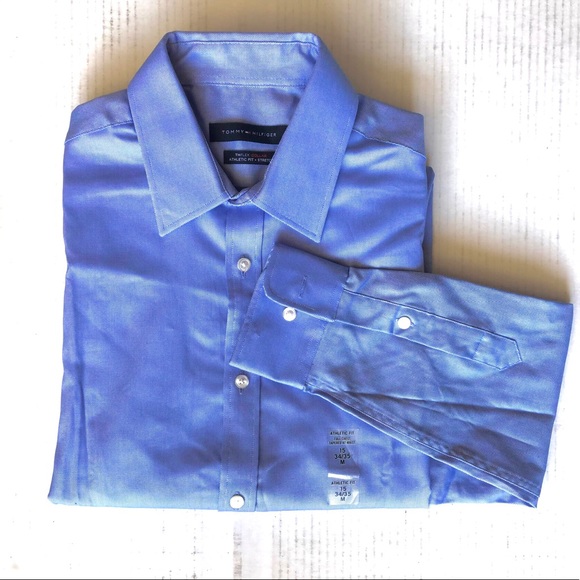 Tommy Hilfiger THFlex Men’s Athletic Fit Dress Shirt, Blue Bay, 15 - 34/35 - Picture 1 of 4